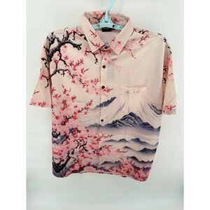 Eleven Oasis Mens 2XL Short Sleeve Button Up Shirt Cherry Blossom Mount Fuji